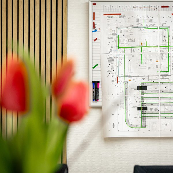 Plan an weißer Wand mit grün markierten Bereichen, unscharfe rote Tulpen im Vordergrund vor Holzlamellen