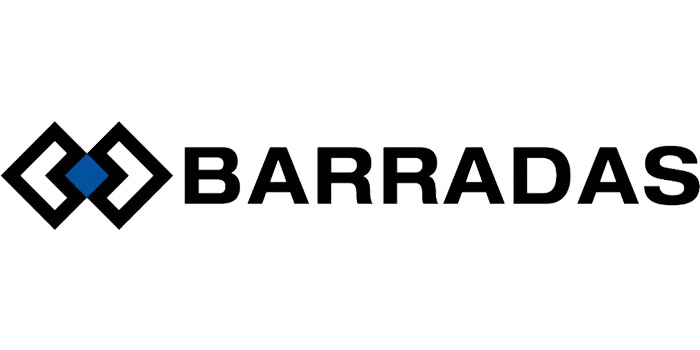 BARRADAS Logo mit geometrischem Symbol aus schwarzen Rauten und blauem Akzent