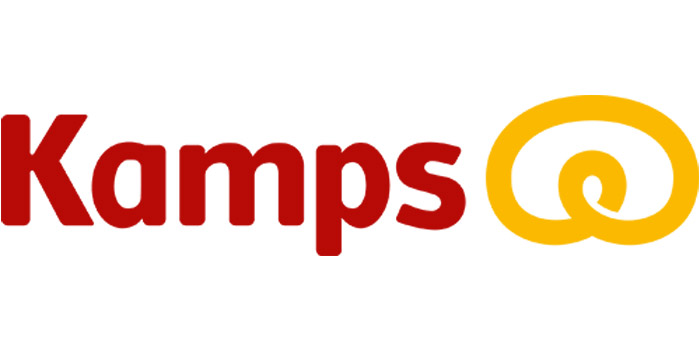 Kamps Logo mit rotem Schriftzug und gelbem runden Symbol