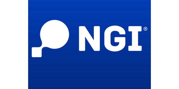 NGI Logo mit weißer Schrift und rundem Symbol auf blauem Hintergrund