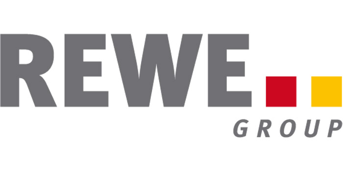 REWE Group Logo mit grauer Schrift und rot-gelben Quadraten